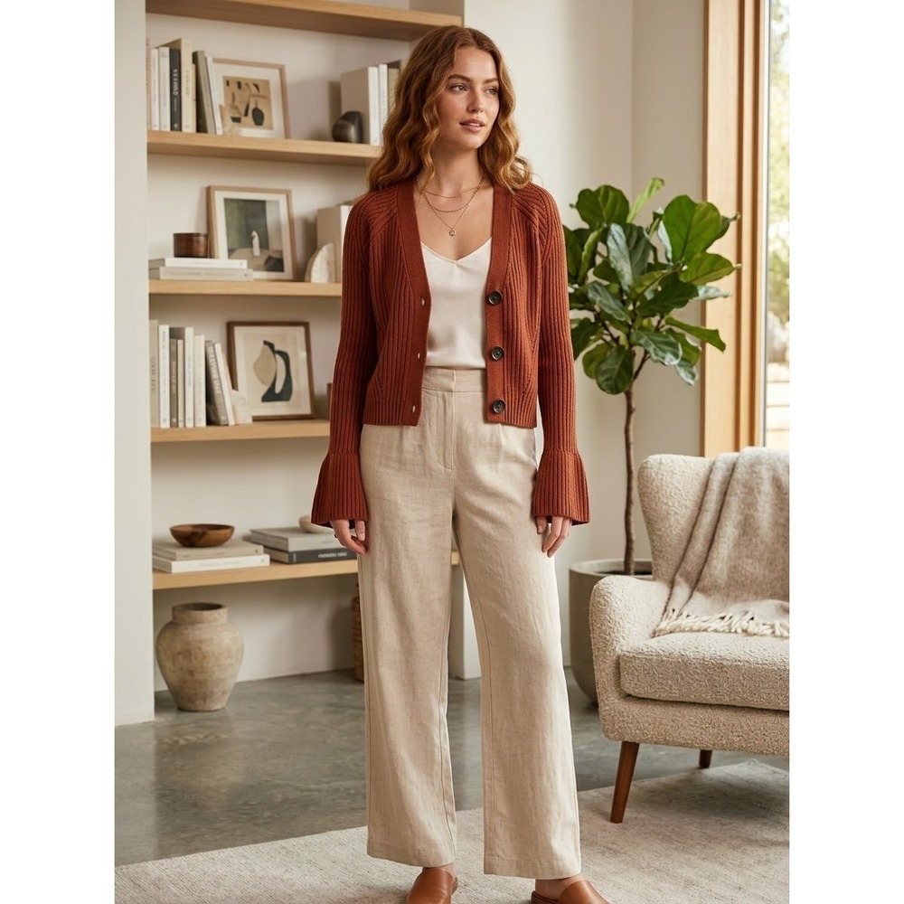 Ribbed Flare Sleeve ASOS Rust Orange Cotton Knit Cardigan Size 6 Small